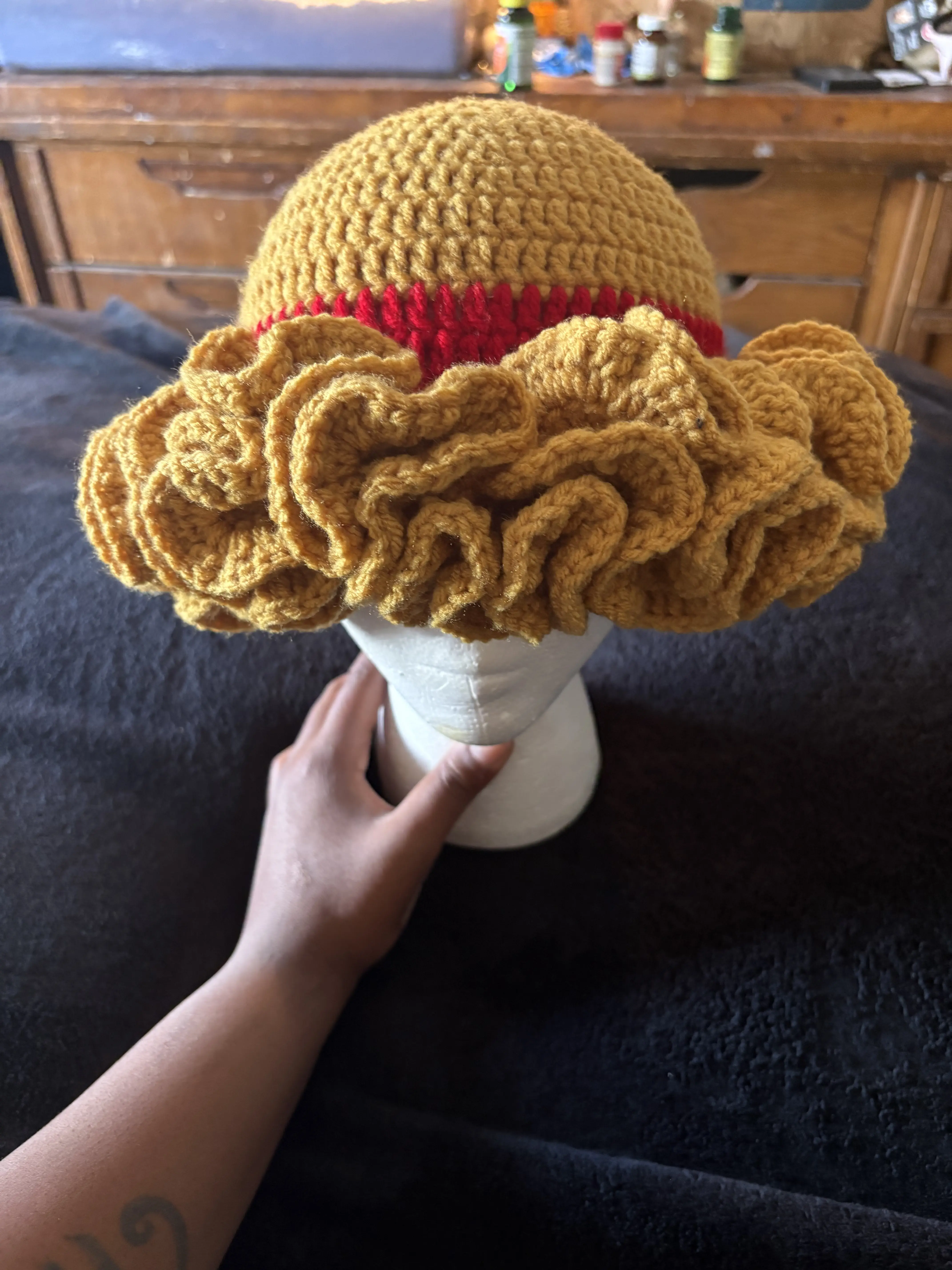 Handcrafted crochet work with yarn and hooks